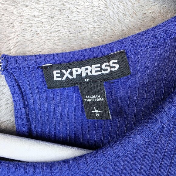 Express Shirt Womens Large Blue Ribbed Short Sleeve Puff Shoulder Stretch Rayon - Picture 2 of 11